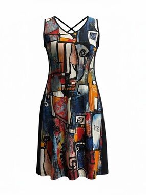 Dolcezza Abstract Art Print Dress Size L Colorful Midi Crisscross Back Stretch